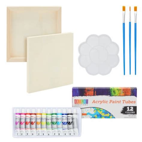 18 Piece 8X8 Canvas Painting Set With 12 Acrylic Paint Tubes 3 Brushes And 1 Palette Pack
