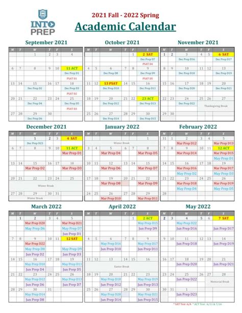 2021 Fall 2022 Spring Academic Calendar Into Prep