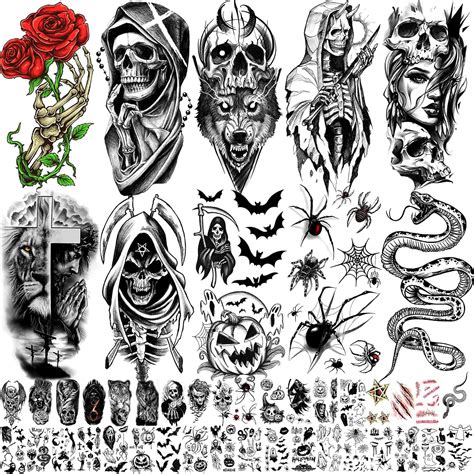 52 Sheets Black Halloween Temporary Tattoos For Kids Men Women Include 10 Sheets Large Half Arm Sleeve Fake Tattoos 200 Pcs Spider Snake Tiger Lion Skull Bat Vampire Scar Halloween Tattoos Amazon Ae Beauty