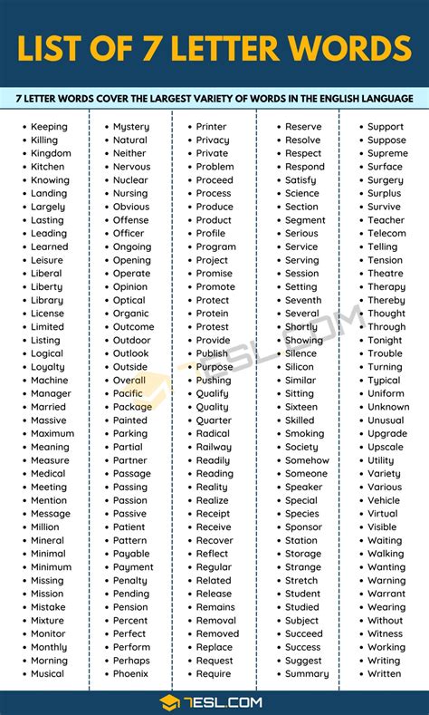 7 Letter Words List Of 500 Common Seven Letter Words In English 7Esl