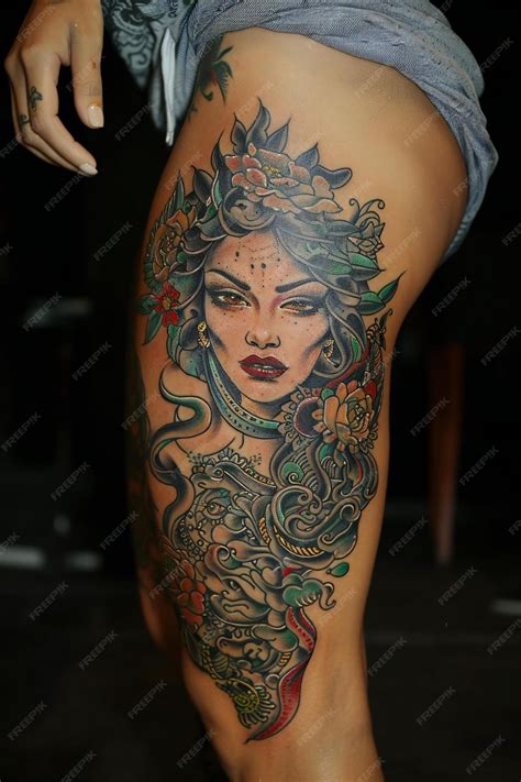 A Full Female Leg Sleeve Tattoo With Medusa Details Leg Sleeve Tattoo Female Leg Artistic Tattoo Premium Photo