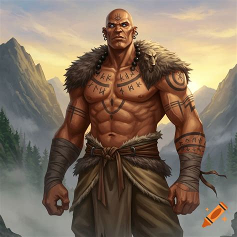 A Muscular Bald Male Goliath Monk With Glowing Blue Eyes And Runic Tattoos On His Chest And Arms Wearing Fur And Leather Clothing Stands In A Misty Mountain Landscape At Sunset On