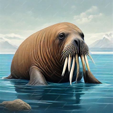 A Painting Of A Walrus With Long Teeth In The Water Premium Ai Generated Image