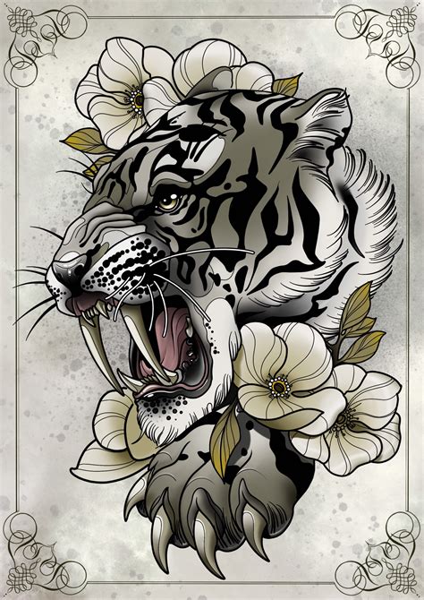 A3 Neo Traditional Tiger Tattoo Print Etsy Sweden