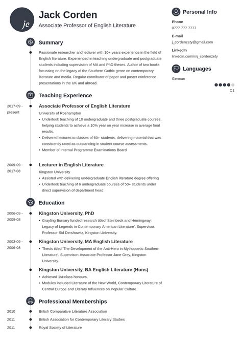 Academic Cv Guide Template And Examples