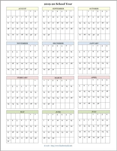 Academic Year Calendar Printable