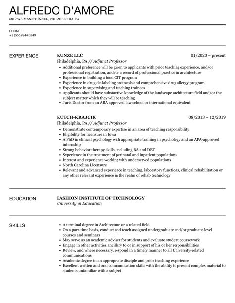 Adjunct Professor Resume Samples Velvet Jobs