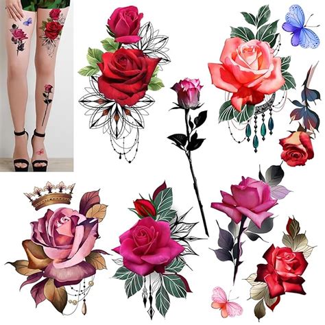 Amazon Com 6 Sheet Small Fake Rose Tattoo For Women Girls Temporary Tattoos Blue Red Flower Waterproof And Long Lasting Sexy Tattoos Flowers Include Purple Pink Yellow Rose Flowers Butterfly Beauty Personal