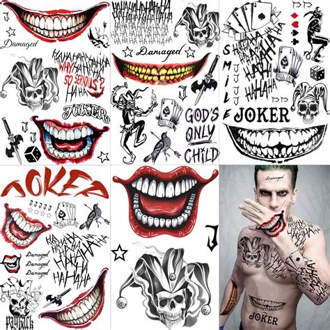 Amazon Com Egmbgm 5 Sheets 3D Joker Temporary Tattoos For Men Women Adults Halloween Makeup Kit Ghost Clown Scary Smile Face Damaged Joker Tattoos Prisoner Halloween Cosplay Prank Costume Rave Accessories