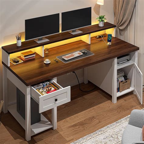 Amazon Com Enhomee Farmhouse Office Desk With Drawer Amp Power Outlets 55 Amp Quot Wood Farmhouse Desk