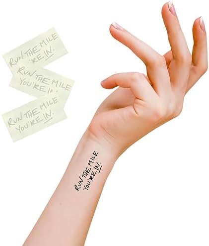 Amazon Com Run The Mile You Re In Temporary Tattoos 3 Sheets Fine Line Tattoo Temporary For Race Day Motivation Vegan Non Toxic 3 X1 5 Lasts 2 5 Days For 5K To 100 Miles