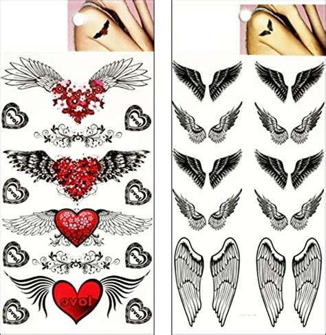 Amazon Com Set 2 Sheets Red Heart Wings Angel Tattoo Temporary Tattoos For Men Women Design Decorations Body Neck Chest Shoulder Legs Arm Back Patterned Pretty Angel Cartoon 3D Tattoo Fake