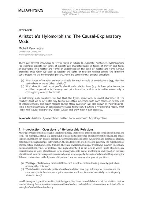 Aristotle S Hylomorphism The Causal Explanatory Model Metaphysics