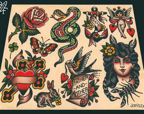Assorted Design Traditional Tattoo Flash Sheet 11X14 Snake Anchor Cross Butterfly Bird Rose Cherub Etsy