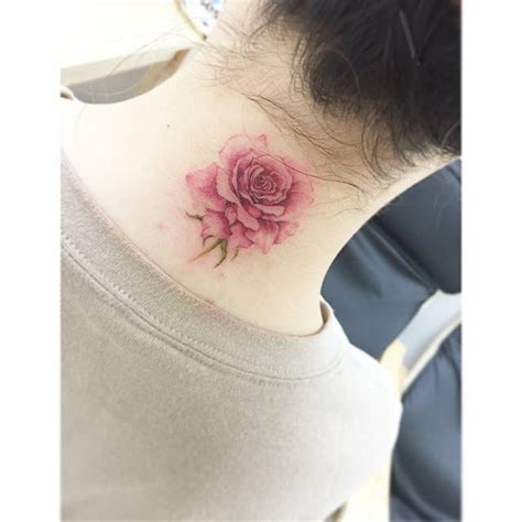 Back Of The Neck Tattoo Of A Watercolor Rose