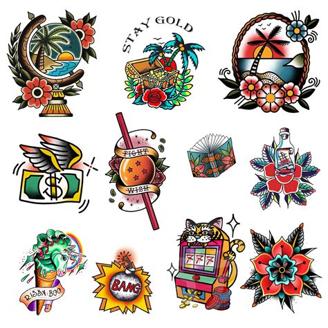 Cargen Traditional Temporary Tattoos Old School Vintage Classic Cool Stickers Sailor Jerry Style Flower Globe Beach Coconut Tree Skull Poker Drifting Bottle Dice Torch Temporary Tattoo Fake Tattoo Amazon Ae Beauty