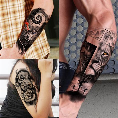 Coktak 68 Sheets Large Half Arm Sleeve Temporary Tattoos For Men Women Forearm Tribal Wolf Tiger Lion Owl Skull Temp Halloween Fake Tattoo Stickers Adults Black Realistic Tattoo Flower Rose Animals