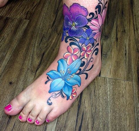 Colourful Flowers On Foot Tattoo Feminine Foot Tattoo Colorful Flower Tattoo Foot Tattoos