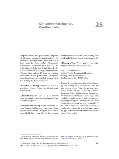 Composite Morningness Questionnaire Pdf Behavioural Sciences Psychology
