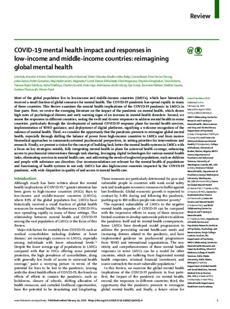 Covid 19 Mental Health Impact And Responses In Low Income And Middle Income Countries Reimagining Global Mental Health The Lancet Psychiatry
