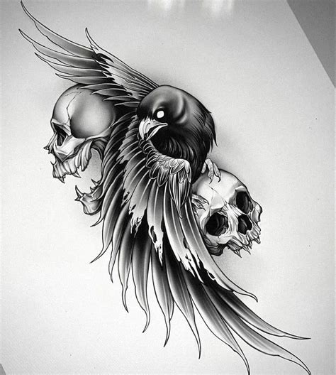 Dark Art Tattoo Design With Skulls And Crow