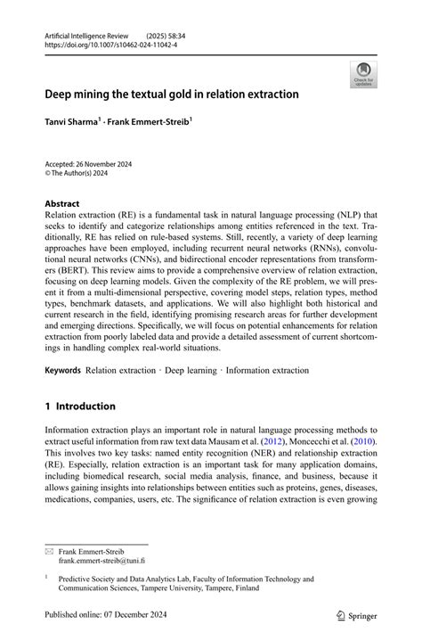 Deep Mining The Textual Gold In Relation Extraction Artificial Intelligence Review Springer Nature Link Deep Mining The Textual Gold In Relation Extraction Artificial Intelligence Review Springer Nature Link