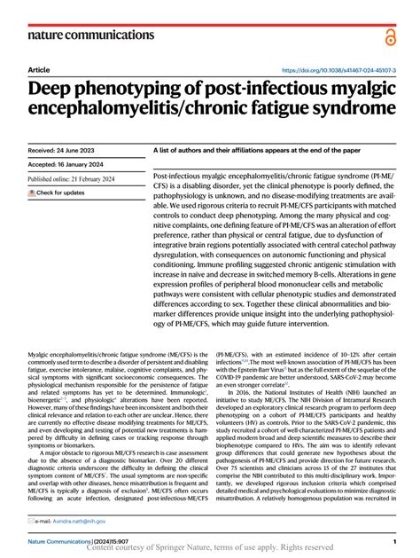 Deep Phenotyping Of Post Infectious Myalgic Encephalomyelitis Chronic Fatigue Syndrome Nature Communications