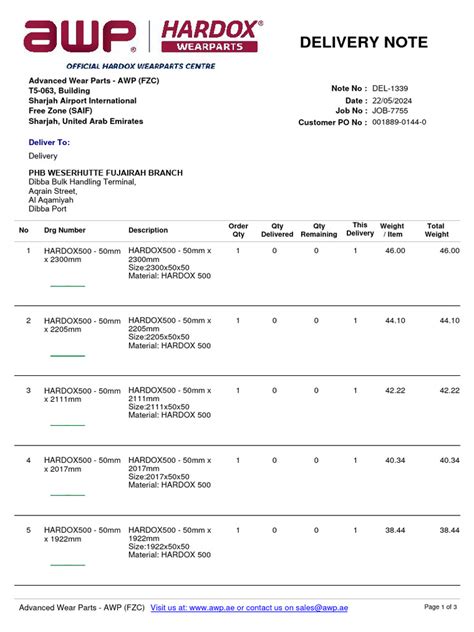 Delivery Note Del 1339 J7755 Awp Phb Download Free Pdf Freight Transport Supply Chain