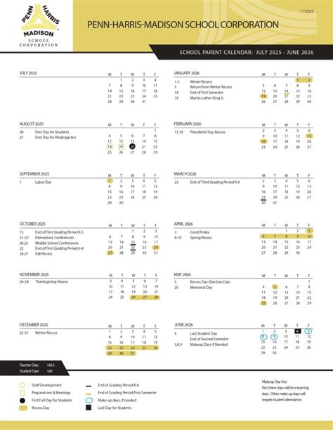 District Calendar Penn Harris Madison School Corporation