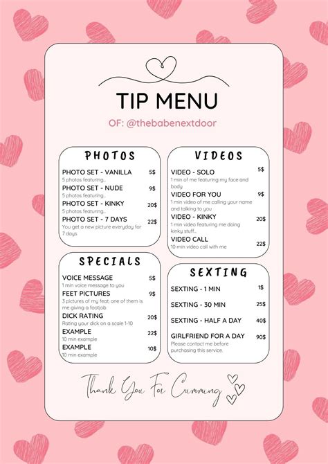 Editable Pink Heart Onlyfans Tip Menu Etsy