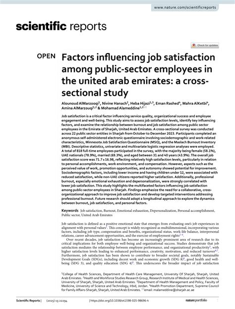 Factors Influencing Job Satisfaction Among Public Sector Employees In The United Arab Emirates A Cross Sectional Study Scientific Reports