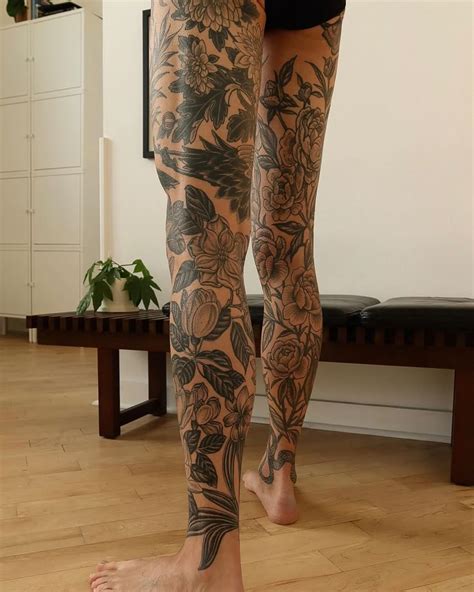 Finished Leg One Of A Big Magnolia Double Leg Sleeve Recently First Pic Is Healed Outlines With Fresh Detail Lines And Second Pic Shows Flowers From The Front Of The Leg That