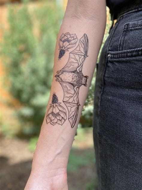 Free Tailed Bat Temporary Tattoo Realistic Black Ink With Cactus Flower Design Etsy Canada