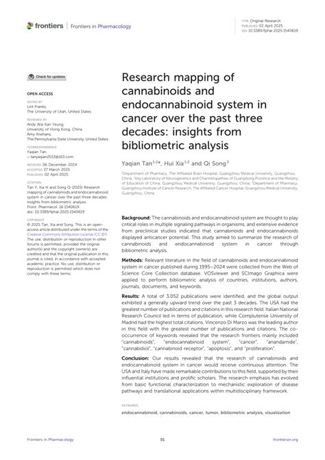 Frontiers Research Mapping Of Cannabinoids And Endocannabinoid System In Cancer Over The Past Three Decades Insights From Bibliometric Analysis