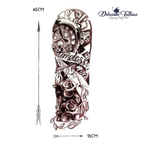 Full Sleeve Arm Temporary Tattoo Timeless Clock Face Roses Mens Womens Ebay