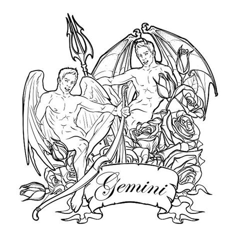 Gemini Zodiac Sign With A Decorative Frame Of Roses Beautiful Male Twins Concept Art For Horoscopes Tattoo Design Colouring Books Gay Pinup Style Sketch Isolated On Starry Night Sky Background Stock Vektor
