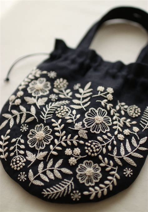 Handmade Embroidered Bag With White Flowers