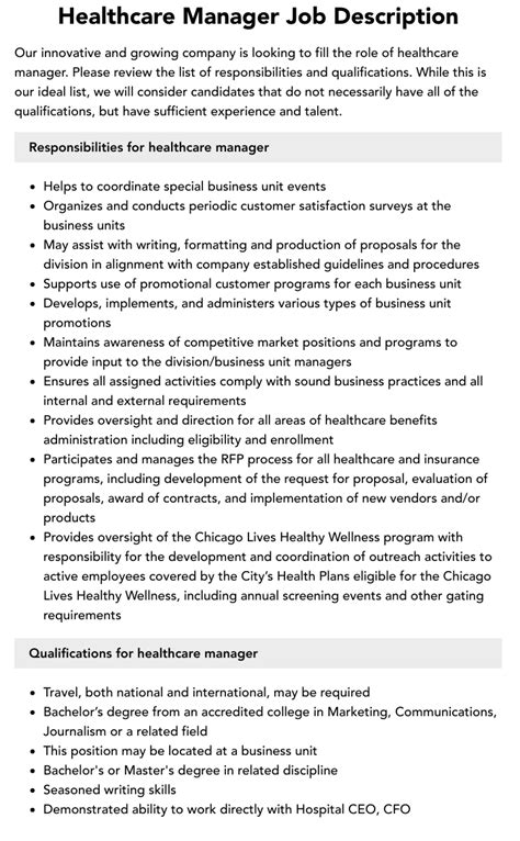Healthcare Manager Job Description Velvet Jobs