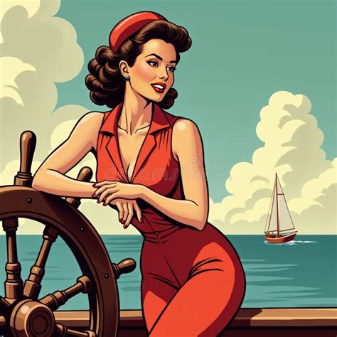 Illustration Of A Classic Pin Up Girl Steering A Sailboat In Retro Style Stock Illustration