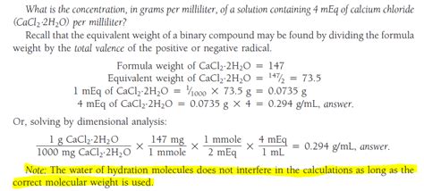 Ionic Compounds When Converting Between A Hydrated Electrolyte Amount In Mass And In Milliequivalents Meq Why Are The Water Molecules Taken Into Account Chemistry Stack Exchange