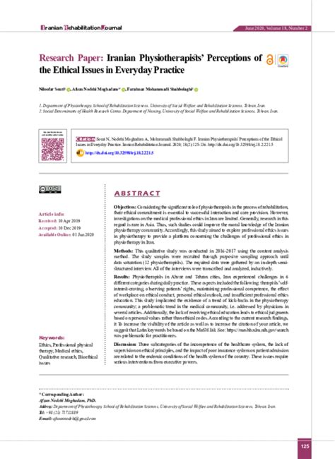 Iranian Physiotherapists Perceptions Of The Ethical Issues In Everyday Practice Iranian Rehabilitation Journal