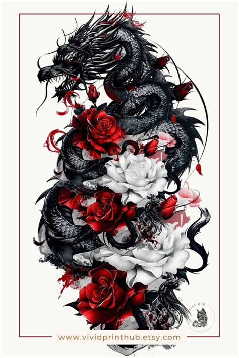 Japanese Dragon Tattoo Design With Roses Etsy