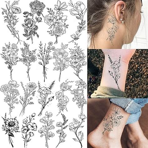 Joehapy 19 Sheets 3D Sexy Flower Temporary Tattoos For Women Neck Arm Girls Black Waterproof Small Fake Tattoo Stickers Tiny Branch Rose Floral Sunflower Wild Plants Sketch Tatoo Sets Kits For Adults Joehapy 19 Sheets 3D Sexy Flower Temporary Tattoos For Women Neck Arm Girls Black Waterproof Small Fake Tattoo Stickers Tiny Branch Rose Floral Sunflower Wild Plants Sketch Tatoo Sets Kits For Adults