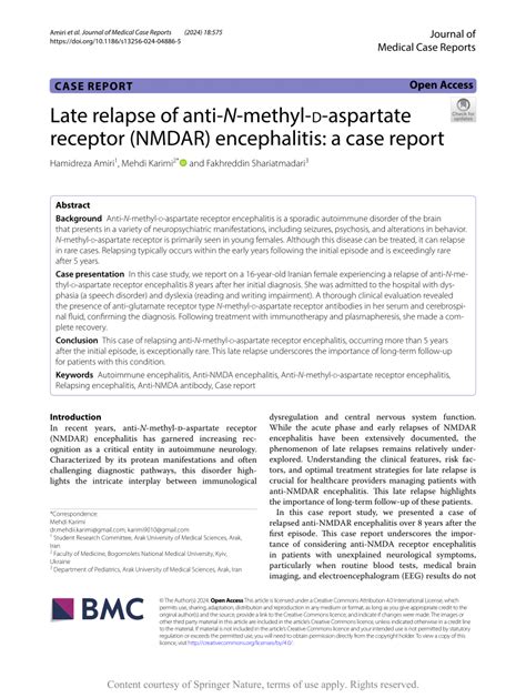Late Relapse Of Anti N Methyl D Aspartate Receptor Nmdar Encephalitis A Case Report Journal Of Medical Case Reports Springer Nature Link
