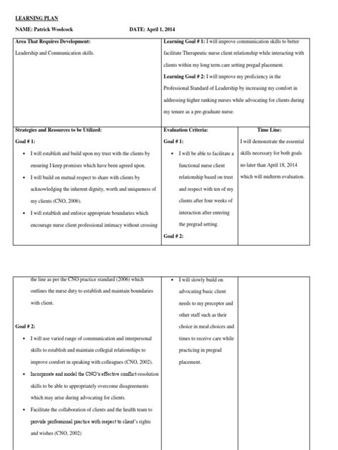 Learning Plan Nursing Pregrad Pdf Nursing Leadership