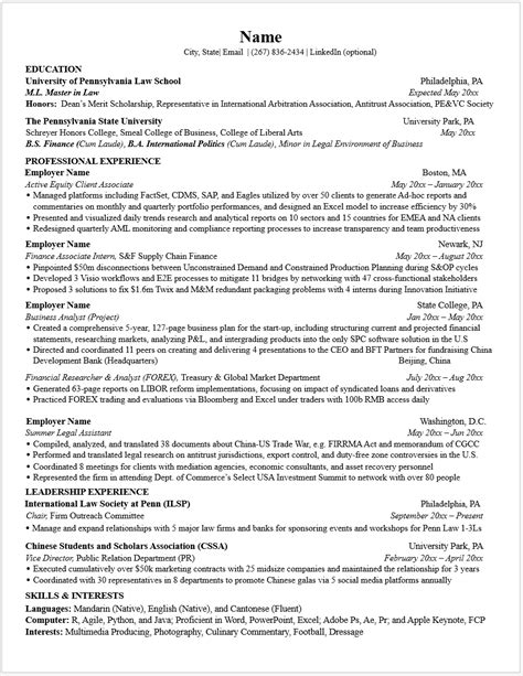 Master S Student Resume Samples Career Services University Of Pennsylvania