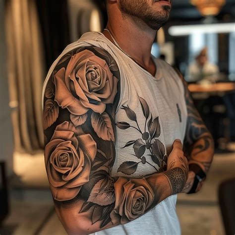 Mens Rose Tattoo Sleeve Realistic Portrait Tattoos