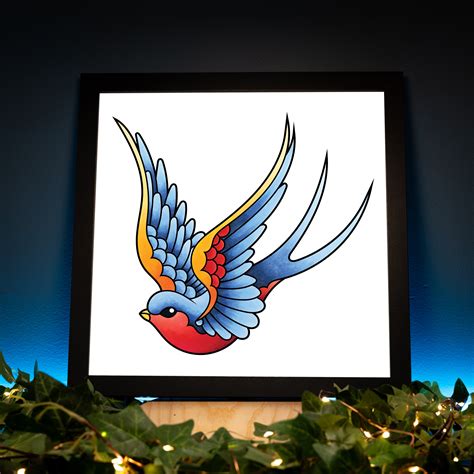 Neo Traditional Sailor Jerry Style Swallow Tattoo Flash Left Facing Hand Drawn Original Art Print Poster