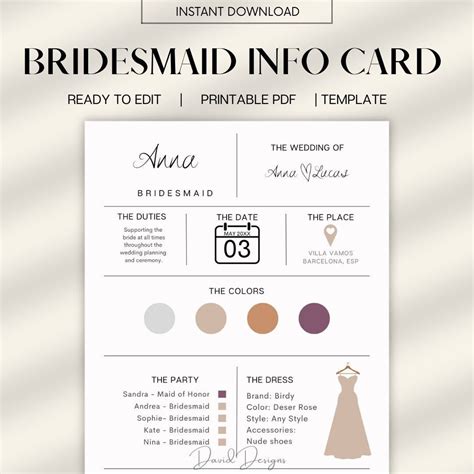 Nue Minimalist Bridesmaid Info Card Template Bridal Party Info Card Bridesmaid Information Card Editable Template 038 Etsy
