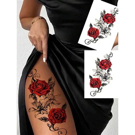 One Piece Of Red Temporary Rose Flower Tattoo Stickers For And Legs Featuring A Stripper Chest And Thigh Design Waterproof Ideal For Women